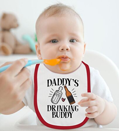 BK Kids Daddy's Drinking Buddy Tasarımlı Kırmızı Bebek Body Zıbın ve Mama Önlüğü Hediye Seti-2