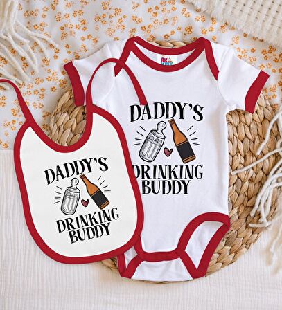 BK Kids Daddy's Drinking Buddy Tasarımlı Kırmızı Bebek Body Zıbın ve Mama Önlüğü Hediye Seti-2