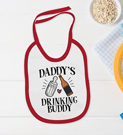 BK Kids Daddy's Drinking Buddy Tasarımlı Kırmızı Bebek Body Zıbın ve Mama Önlüğü Hediye Seti-2