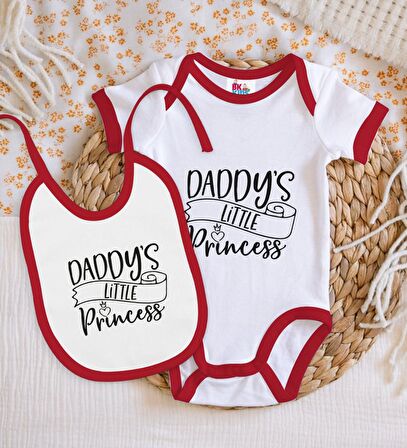 BK Kids Daddy's Little Princess Tasarımlı Kırmızı Bebek Body Zıbın ve Mama Önlüğü Hediye Seti-1