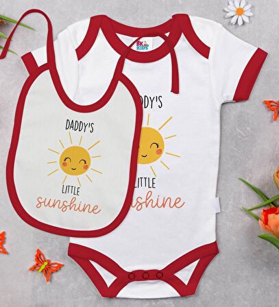 BK Kids Daddy's Little Sunshine Tasarımlı Kırmızı Bebek Body Zıbın ve Mama Önlüğü Hediye Seti-1