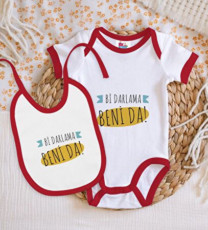 BK Kids Darlama Beni Tasarımlı Kırmızı Bebek Body Zıbın ve Mama Önlüğü Hediye Seti-1