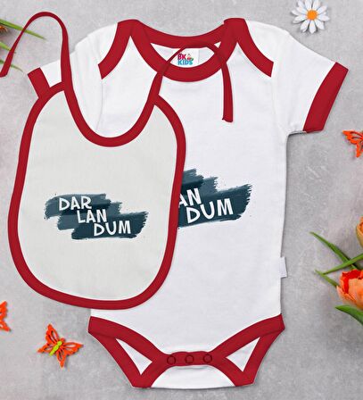 BK Kids Darlandum Tasarımlı Kırmızı Bebek Body Zıbın ve Mama Önlüğü Hediye Seti-1