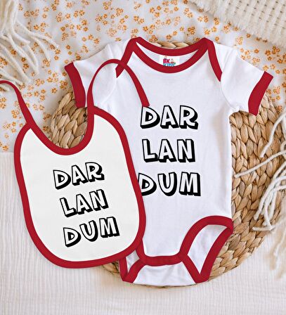 BK Kids Darlandum Tasarımlı Kırmızı Bebek Body Zıbın ve Mama Önlüğü Hediye Seti-2