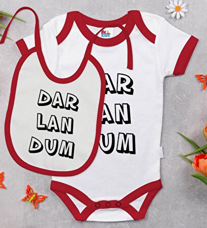 BK Kids Darlandum Tasarımlı Kırmızı Bebek Body Zıbın ve Mama Önlüğü Hediye Seti-2