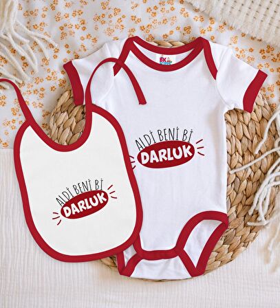 BK Kids Darluk Tasarımlı Kırmızı Bebek Body Zıbın ve Mama Önlüğü Hediye Seti-1