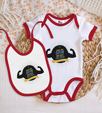 BK Kids Dayım Her Şeyi Halleder Tasarımlı Kırmızı Bebek Body Zıbın ve Mama Önlüğü Hediye Seti-1