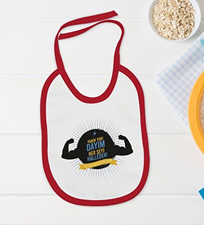 BK Kids Dayım Her Şeyi Halleder Tasarımlı Kırmızı Bebek Body Zıbın ve Mama Önlüğü Hediye Seti-1