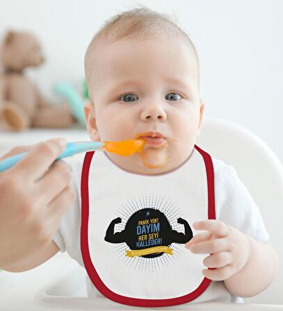 BK Kids Dayım Her Şeyi Halleder Tasarımlı Kırmızı Bebek Body Zıbın ve Mama Önlüğü Hediye Seti-1