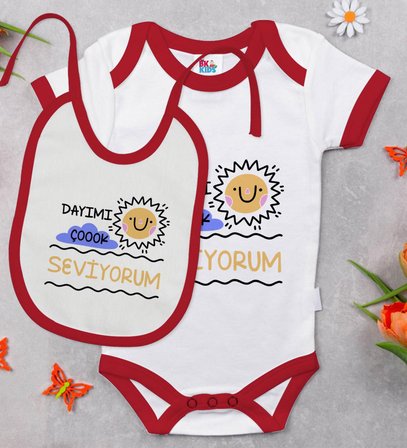 BK Kids Dayımı Çok Seviyorum Tasarımlı Kırmızı Bebek Body Zıbın ve Mama Önlüğü Hediye Seti-1