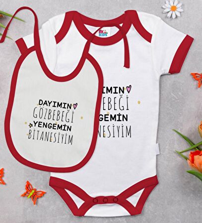BK Kids Dayımın Göz Bebeği Tasarımlı Kırmızı Bebek Body Zıbın ve Mama Önlüğü Hediye Seti-1