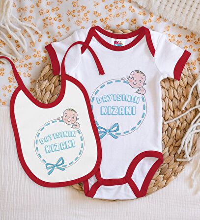 BK Kids Dayısının Kızanı Tasarımlı Kırmızı Bebek Body Zıbın ve Mama Önlüğü Hediye Seti-1