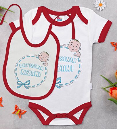 BK Kids Dayısının Kızanı Tasarımlı Kırmızı Bebek Body Zıbın ve Mama Önlüğü Hediye Seti-1