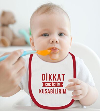 BK Kids Dikkat Çok İçtim Tasarımlı Kırmızı Bebek Body Zıbın ve Mama Önlüğü Hediye Seti-1