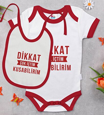 BK Kids Dikkat Çok İçtim Tasarımlı Kırmızı Bebek Body Zıbın ve Mama Önlüğü Hediye Seti-1