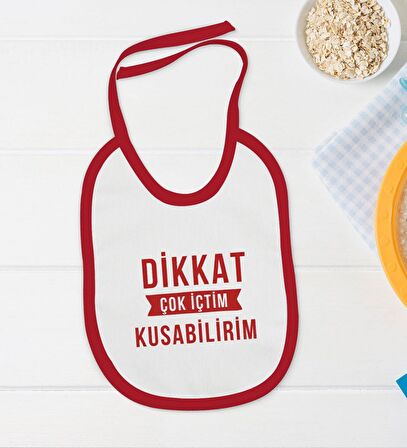 BK Kids Dikkat Çok İçtim Tasarımlı Kırmızı Bebek Body Zıbın ve Mama Önlüğü Hediye Seti-1