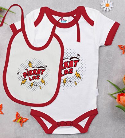 BK Kids Dikkat Laz Tasarımlı Kırmızı Bebek Body Zıbın ve Mama Önlüğü Hediye Seti-1