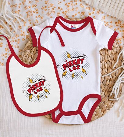 BK Kids Dikkat Laz Tasarımlı Kırmızı Bebek Body Zıbın ve Mama Önlüğü Hediye Seti-1