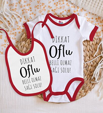 BK Kids Dikkat Oflu Tasarımlı Kırmızı Bebek Body Zıbın ve Mama Önlüğü Hediye Seti-1