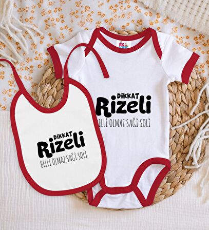 BK Kids Dikkat Rizeli Tasarımlı Kırmızı Bebek Body Zıbın ve Mama Önlüğü Hediye Seti-1