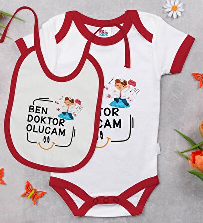 BK Kids Doktor Olucam Tasarımlı Kırmızı Bebek Body Zıbın ve Mama Önlüğü Hediye Seti-1