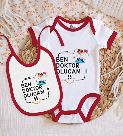 BK Kids Doktor Olucam Tasarımlı Kırmızı Bebek Body Zıbın ve Mama Önlüğü Hediye Seti-1