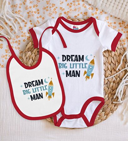 BK Kids Dream Big Little Man Tasarımlı Kırmızı Bebek Body Zıbın ve Mama Önlüğü Hediye Seti-1