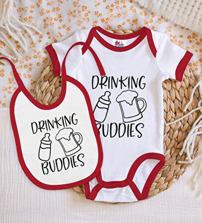 BK Kids Drinking Buddies Tasarımlı Kırmızı Bebek Body Zıbın ve Mama Önlüğü Hediye Seti-1