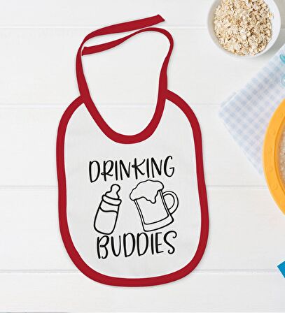BK Kids Drinking Buddies Tasarımlı Kırmızı Bebek Body Zıbın ve Mama Önlüğü Hediye Seti-1