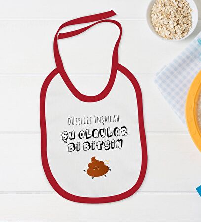 BK Kids Düzelcez İnşallah Tasarımlı Kırmızı Bebek Body Zıbın ve Mama Önlüğü Hediye Seti-1