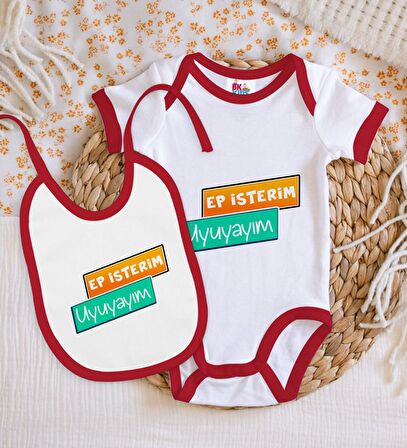 BK Kids Ep İsterim Tasarımlı Kırmızı Bebek Body Zıbın ve Mama Önlüğü Hediye Seti-3