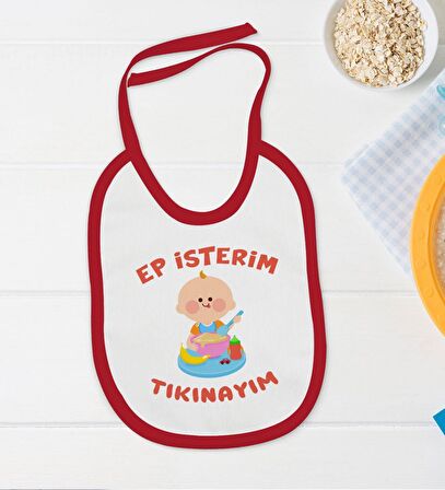 BK Kids Ep İsterim Tasarımlı Kırmızı Bebek Body Zıbın ve Mama Önlüğü Hediye Seti-5