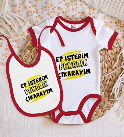 BK Kids Ep İsterim Tasarımlı Kırmızı Bebek Body Zıbın ve Mama Önlüğü Hediye Seti-6