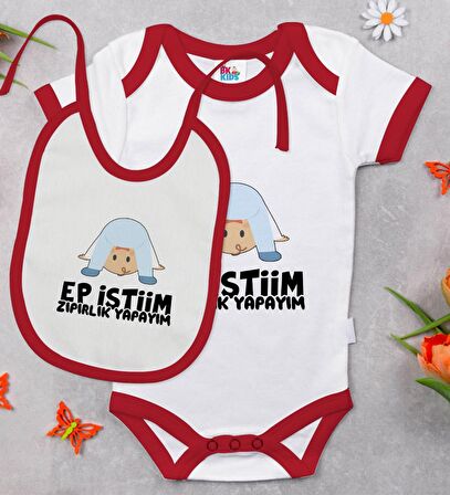 BK Kids Ep İstiim Zıpırlık Tasarımlı Kırmızı Bebek Body Zıbın ve Mama Önlüğü Hediye Seti-1