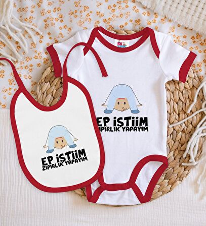 BK Kids Ep İstiim Zıpırlık Tasarımlı Kırmızı Bebek Body Zıbın ve Mama Önlüğü Hediye Seti-1