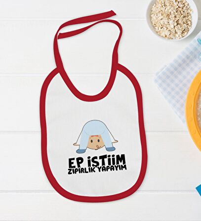 BK Kids Ep İstiim Zıpırlık Tasarımlı Kırmızı Bebek Body Zıbın ve Mama Önlüğü Hediye Seti-1