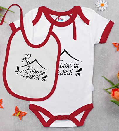 BK Kids Evimizin Neşesi Tasarımlı Kırmızı Bebek Body Zıbın ve Mama Önlüğü Hediye Seti-1