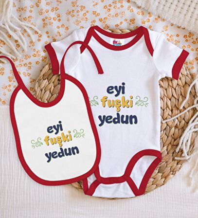 BK Kids Eyi Fuşki Yedun Tasarımlı Kırmızı Bebek Body Zıbın ve Mama Önlüğü Hediye Seti-1