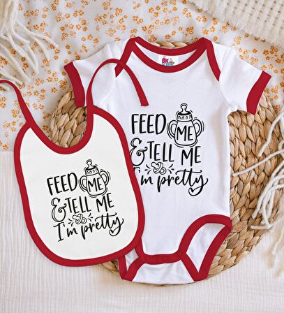 BK Kids I'm Pretty Tasarımlı Kırmızı Bebek Body Zıbın ve Mama Önlüğü Hediye Seti-1