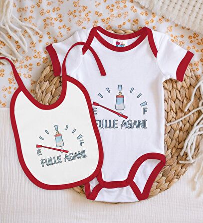 BK Kids Fulle Aganı Tasarımlı Kırmızı Bebek Body Zıbın ve Mama Önlüğü Hediye Seti-1