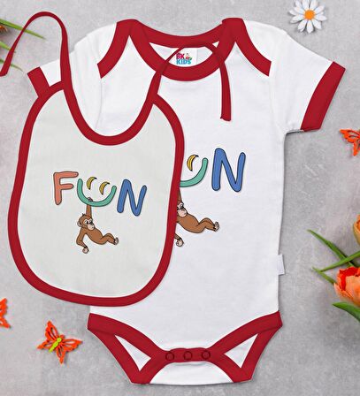 BK Kids Fun Tasarımlı Kırmızı Bebek Body Zıbın ve Mama Önlüğü Hediye Seti-1