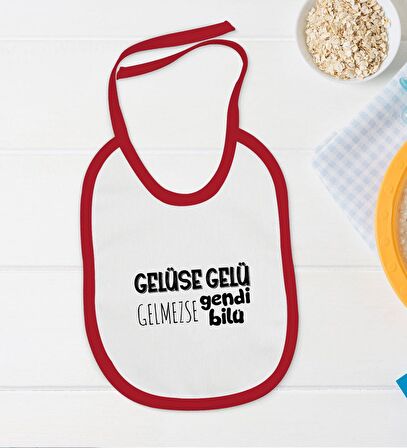 BK Kids Gelüse Gelü Tasarımlı Kırmızı Bebek Body Zıbın ve Mama Önlüğü Hediye Seti-1