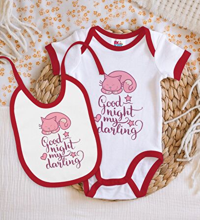 BK Kids Good Night My Darling Tasarımlı Kırmızı Bebek Body Zıbın ve Mama Önlüğü Hediye Seti-1
