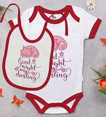 BK Kids Good Night My Darling Tasarımlı Kırmızı Bebek Body Zıbın ve Mama Önlüğü Hediye Seti-1