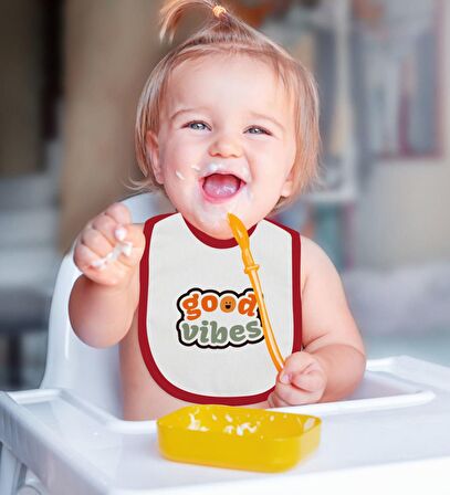 BK Kids Good Vibes Tasarımlı Kırmızı Bebek Body Zıbın ve Mama Önlüğü Hediye Seti-1