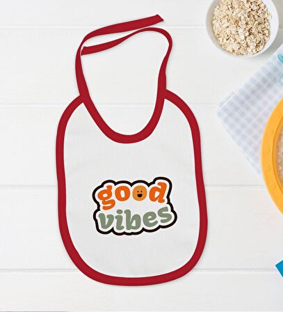 BK Kids Good Vibes Tasarımlı Kırmızı Bebek Body Zıbın ve Mama Önlüğü Hediye Seti-1