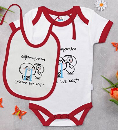 BK Kids Gözüme Toz Kaçtı Tasarımlı Kırmızı Bebek Body Zıbın ve Mama Önlüğü Hediye Seti-1