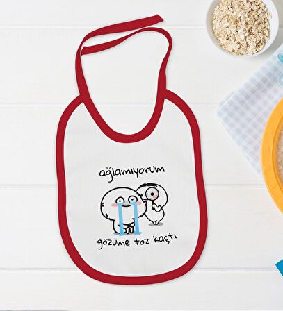 BK Kids Gözüme Toz Kaçtı Tasarımlı Kırmızı Bebek Body Zıbın ve Mama Önlüğü Hediye Seti-1