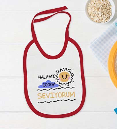 BK Kids Halamı Çok Seviyorum Tasarımlı Kırmızı Bebek Body Zıbın ve Mama Önlüğü Hediye Seti-1