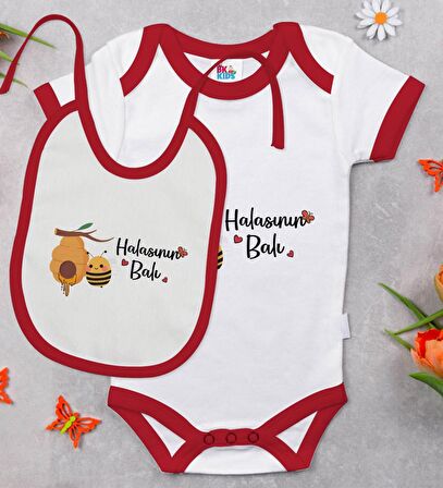 BK Kids Halasının Balı Tasarımlı Kırmızı Bebek Body Zıbın ve Mama Önlüğü Hediye Seti-1